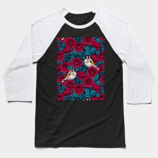 Red rose flowers and goldfinch birds Baseball T-Shirt